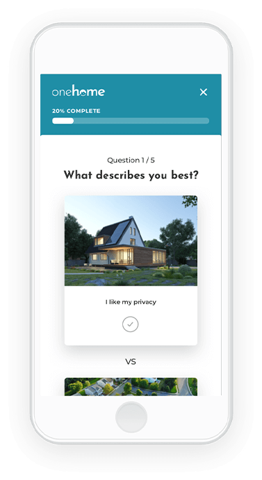 onehome app screenshot showing a photo of a house